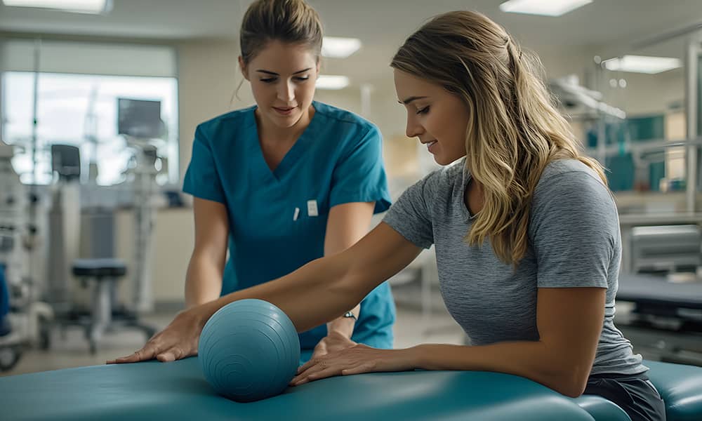 grado-fisioterapia-3 Una mujer se ejercita con una pelota en un entorno de fisioterapia, trabajando en su recuperación y bienestar físico.