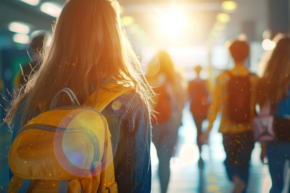 jornadas-acogida-fccs-2024 Una persona con una mochila amarilla camina hacia la luz del sol, mientras otras personas se mueven de fondo en un entorno educativo