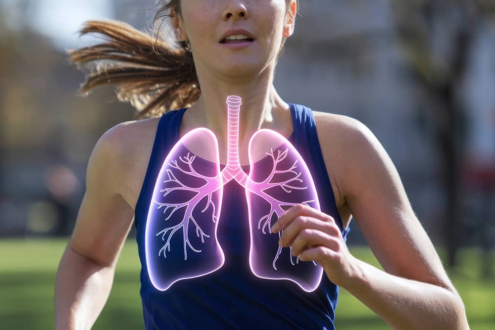 premio-separ-TFG-salud-respiratoria-tematica-enfermeria-respiratoria Mujer en movimiento, con un pulmón sobre su pecho, representando la conexión entre el ejercicio y la salud pulmonar