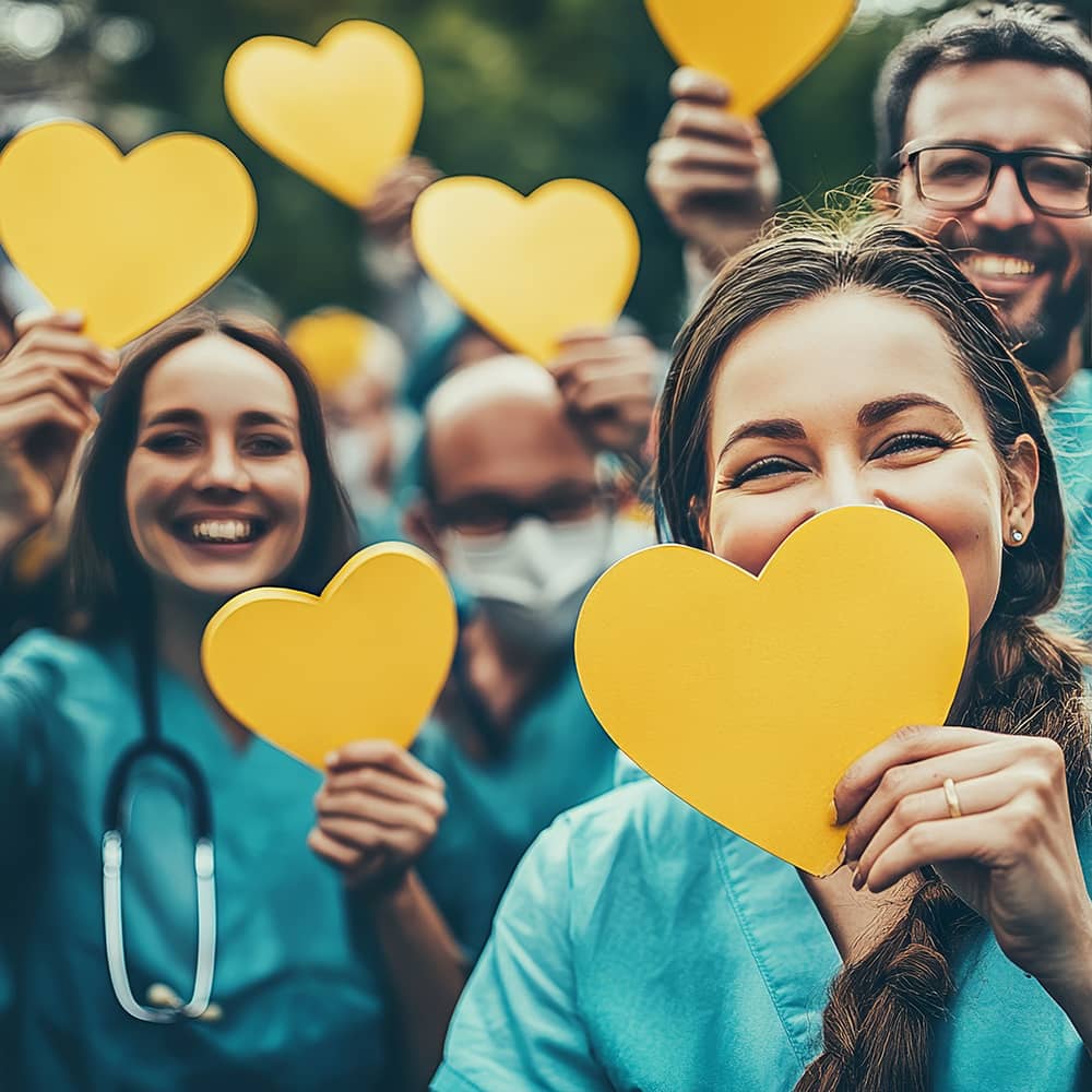 presentacion-6 Un grupo de personas sostiene papeles en forma de corazón amarillo, mostrando unidad y alegría en su expresión