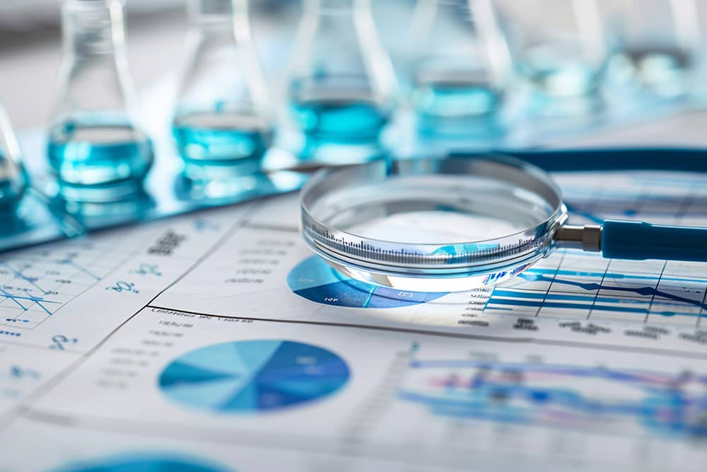 recursos-investigacion-1 Lupa y vaso con líquido azul sobre una mesa, destacando la curiosidad y el análisis en un entorno cotidiano